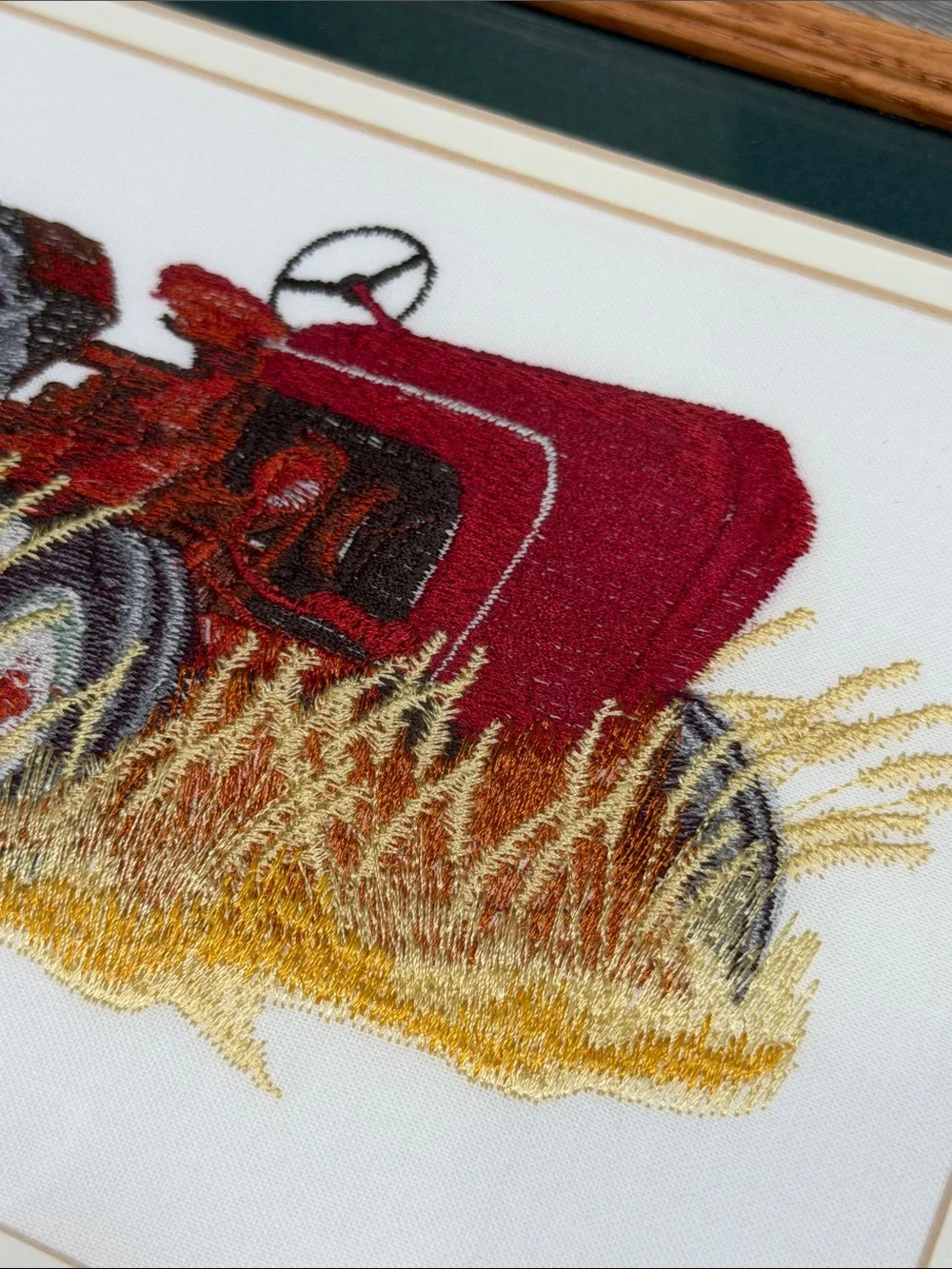 Vtg Needlepoint Embroidered Red Tractor Crewel Barn wood Frame Wall Hanging